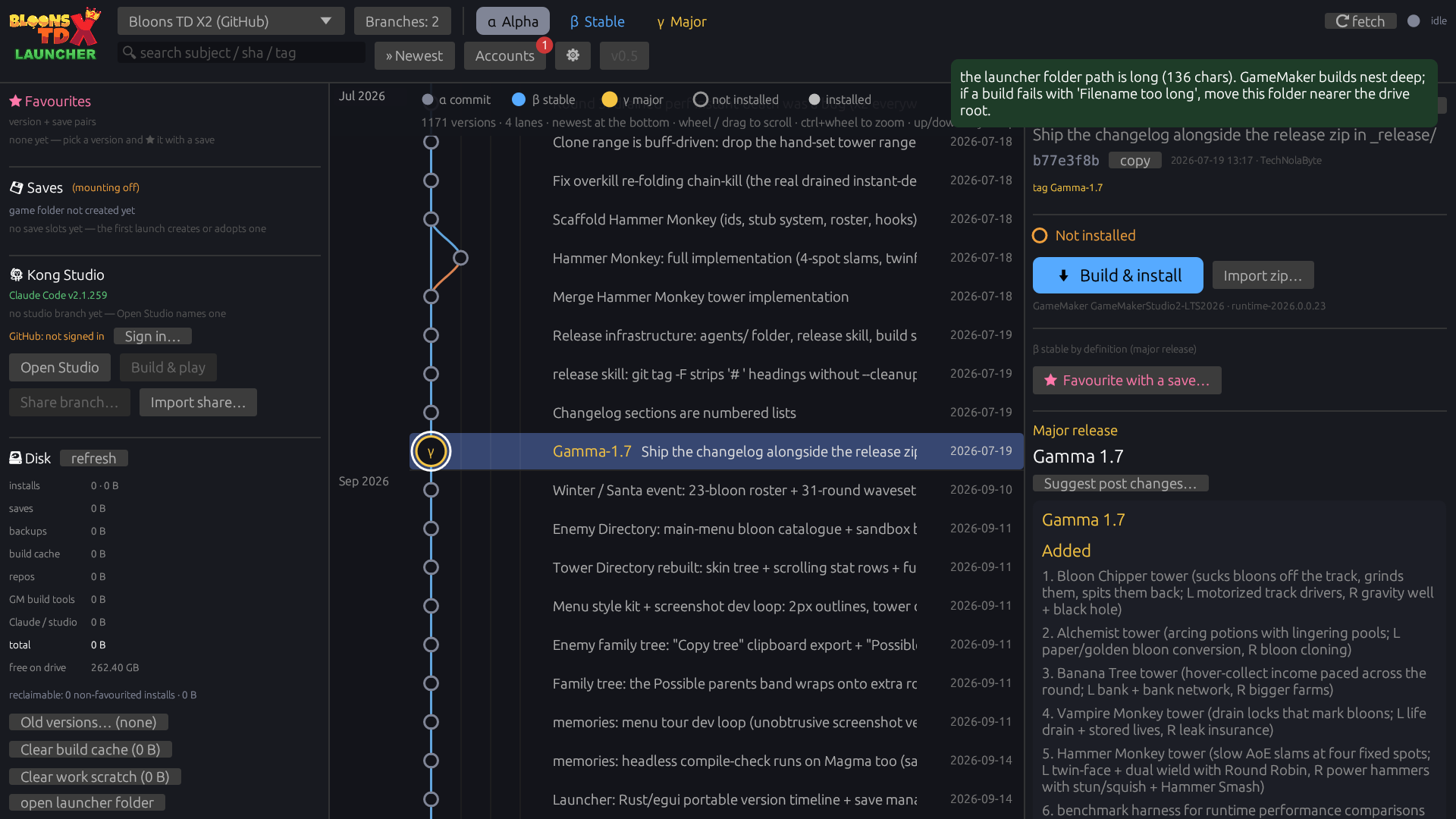 The launcher: the version timeline in the middle, Kong Studio and disk panels on the left, the selected release on the right